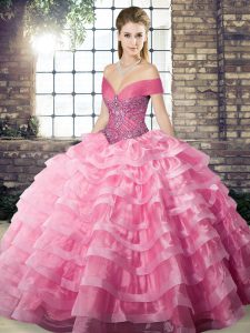 Graceful Sleeveless Beading and Ruffled Layers Lace Up Ball Gown Prom Dress with Rose Pink Brush Train