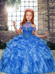 Adorable Sleeveless Organza Floor Length Lace Up Little Girls Pageant Dress Wholesale in Blue with Beading and Ruffles
