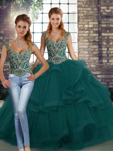 Peacock Green Two Pieces Tulle Straps Sleeveless Beading and Ruffles Floor Length Lace Up Quinceanera Dresses