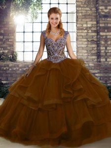 Wonderful Floor Length Brown Quinceanera Gown Tulle Sleeveless Beading and Ruffles