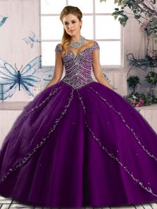 Sweetheart Cap Sleeves Brush Train Lace Up Quince Ball Gowns Purple Tulle