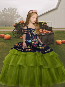 Floor Length Olive Green Little Girls Pageant Dress Tulle Sleeveless Embroidery