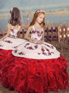 Red Straps Lace Up Embroidery and Ruffles Little Girls Pageant Dress Sleeveless