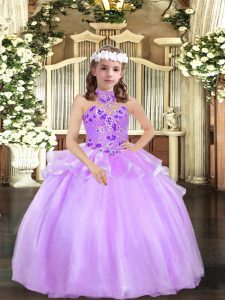 Custom Made Lavender Ball Gowns Halter Top Sleeveless Organza Floor Length Lace Up Appliques Little Girls Pageant Dress 