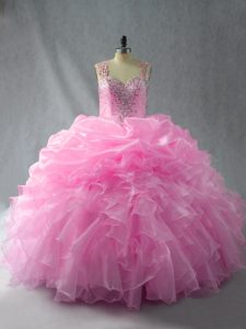 Ball Gowns Quince Ball Gowns Baby Pink Straps Organza Sleeveless Floor Length Zipper