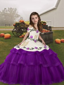 Eggplant Purple Sleeveless Floor Length Embroidery and Ruffled Layers Lace Up Custom Made Pageant Dress