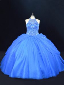 Lovely Sleeveless Floor Length Beading Lace Up Quinceanera Gowns with Blue