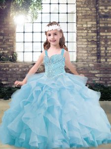 Light Blue Lace Up Pageant Gowns For Girls Beading and Ruffles Sleeveless Floor Length