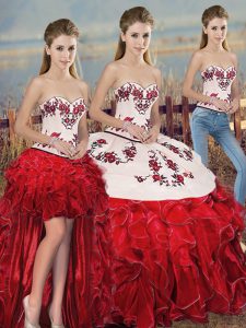 Pretty White And Red Lace Up Sweetheart Embroidery and Ruffles and Bowknot Quinceanera Gown Organza Sleeveless