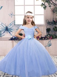 On Sale Tulle Off The Shoulder Sleeveless Lace Up Lace and Belt Pageant Gowns For Girls in Light Blue