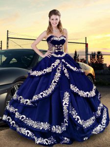 Satin Sweetheart Sleeveless Lace Up Embroidery and Ruffled Layers Quinceanera Dress in Royal Blue