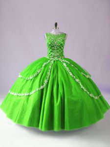 Sleeveless Tulle Floor Length Zipper Sweet 16 Dresses in Green with Beading and Appliques