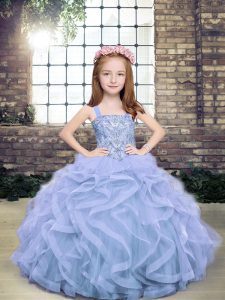 Unique Light Blue Ball Gowns Beading Little Girls Pageant Dress Wholesale Lace Up Tulle Sleeveless Floor Length