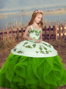 Green Lace Up Spaghetti Straps Sleeveless Floor Length Little Girl Pageant Dress Embroidery and Ruffles