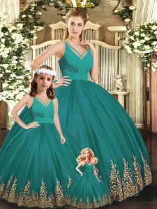 Fantastic Turquoise Sleeveless Floor Length Embroidery Backless Quinceanera Gown