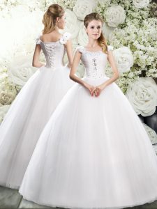 White Tulle Lace Up Straps Sleeveless Floor Length Wedding Gown Beading and Hand Made Flower