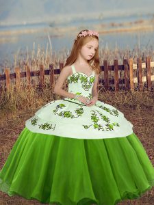 Affordable Green Lace Up Straps Embroidery High School Pageant Dress Organza Sleeveless