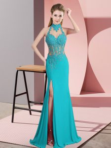 Aqua Blue Sleeveless Chiffon Backless Prom Dress for Prom and Party and Military Ball