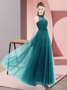 Custom Fit Empire Wedding Party Dress Teal Halter Top Tulle Sleeveless Floor Length Lace Up