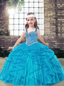 Blue Sleeveless Floor Length Beading and Ruffles Lace Up Little Girl Pageant Gowns