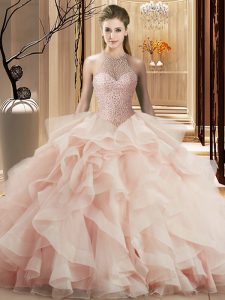 Charming Pink Ball Gowns Organza Halter Top Sleeveless Beading and Ruffles Lace Up Ball Gown Prom Dress Brush Train
