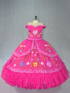 Hot Pink Sleeveless Embroidery Floor Length Vestidos de Quinceanera