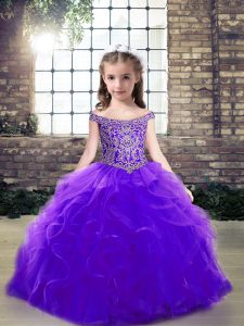 Purple Sleeveless Floor Length Beading and Ruffles Lace Up Little Girls Pageant Gowns