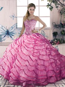 Floor Length Pink Quinceanera Dress Organza and Tulle Sleeveless Beading and Ruffles