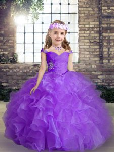 Purple Ball Gowns Beading Little Girls Pageant Dress Wholesale Lace Up Organza Sleeveless Floor Length