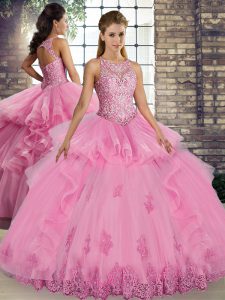 Modern Rose Pink Quinceanera Gown Military Ball and Sweet 16 and Quinceanera with Lace and Embroidery and Ruffles Scoop 