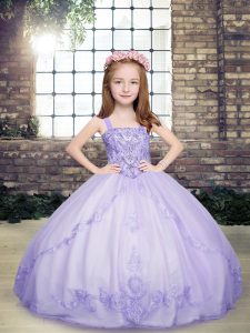 Admirable Lavender Ball Gowns Tulle Straps Sleeveless Beading Floor Length Lace Up Kids Formal Wear
