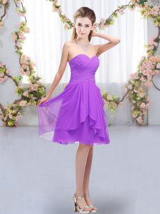 Sleeveless Knee Length Ruffles and Ruching Lace Up Quinceanera Dama Dress with Lavender