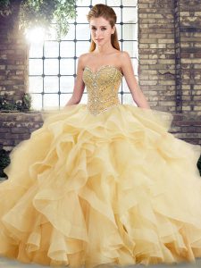 Stunning Sleeveless Brush Train Beading and Ruffles Lace Up Quince Ball Gowns