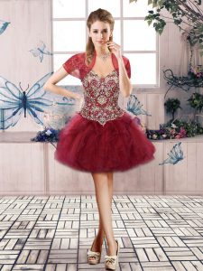 Cute Burgundy Tulle Lace Up Dress for Prom Sleeveless Mini Length Beading and Ruffles