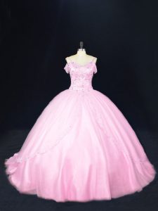Exquisite Sleeveless Beading Lace Up Quinceanera Gown with Baby Pink Court Train