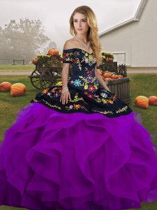 Luxurious Black And Purple Lace Up Vestidos de Quinceanera Embroidery and Ruffles Sleeveless Floor Length