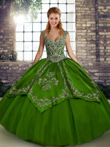 Olive Green Ball Gowns Tulle Straps Sleeveless Beading and Embroidery Floor Length Lace Up Sweet 16 Quinceanera Dress