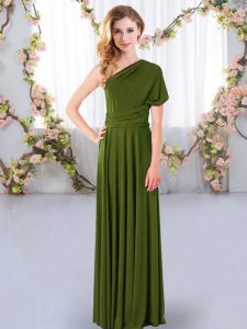 Unique One Shoulder Sleeveless Wedding Party Dress Floor Length Ruching Olive Green Chiffon