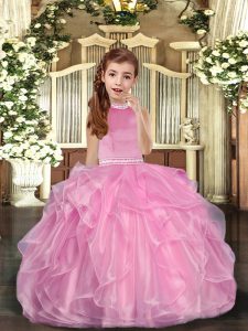 Customized Baby Pink Ball Gowns Organza Halter Top Sleeveless Beading and Ruffles Floor Length Lace Up Pageant Dress Who