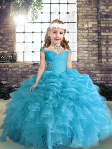 Blue Kids Formal Wear Party and Wedding Party with Beading and Ruffles and Pick Ups Straps Sleeveless Lace Up