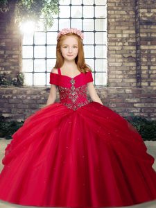 Elegant Red Lace Up Kids Pageant Dress Beading Sleeveless Floor Length