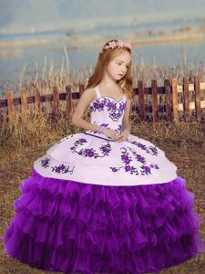 Straps Sleeveless Organza Pageant Dress Embroidery and Ruffled Layers Lace Up