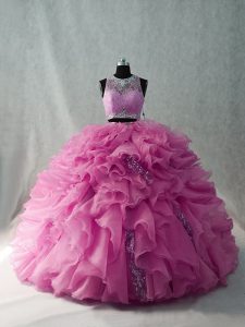 Beading and Ruffles Ball Gown Prom Dress Pink Brush Train