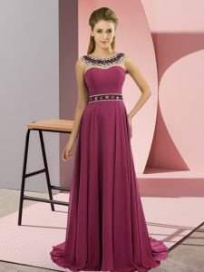 Simple Fuchsia Empire Beading Dress for Prom Zipper Chiffon Sleeveless