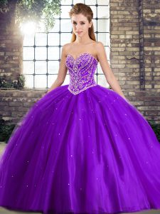 Sweetheart Sleeveless Tulle Quinceanera Dress Beading Brush Train Lace Up