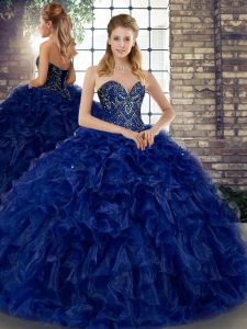 Sleeveless Floor Length Beading and Ruffles Lace Up 15th Birthday Dress with Royal Blue
