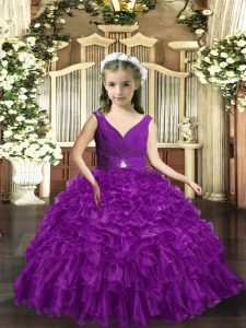Excellent Eggplant Purple Backless V-neck Ruffles Girls Pageant Dresses Organza Sleeveless