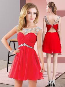 Sleeveless Chiffon Mini Length Backless Prom Dresses in Red with Beading