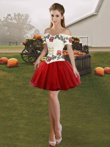 Wine Red Homecoming Dress Prom and Party with Embroidery Off The Shoulder Sleeveless Lace Up