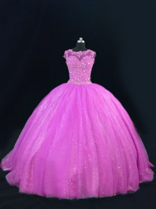Sleeveless Tulle Floor Length Lace Up Sweet 16 Quinceanera Dress in Lilac with Beading and Lace